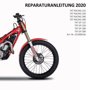 May include: A 2020 GasGas repair manual featuring a red trials motorcycle on the cover. The text reads REPARATURANLEITUNG 2020, listing models TXT RACING 125, 250, 280, 300 and TXT GP 125, 250, 280, 300, with Art.-Nr. 3216001de and the GasGas logo.