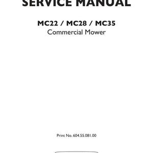 May include: A white service manual cover for a New Holland Agriculture commercial mower. The text reads SERVICE MANUAL, MC22 / MC28 / MC35 Commercial Mower, Print No. 604.55.081.00, and features the New Holland Agriculture logo at the bottom.