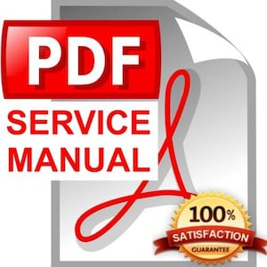 Op de afbeelding: Een digitaal icoon dat een PDF-servicehandleiding vertegenwoordigt, met een rode rechthoekige koptekst met witte tekst PDF, gevolgd door de woorden SERVICE MANUAL. Een groot rood gestileerd A-symbool is zichtbaar, met een gouden 100% SATISFACTION GUARANTEE-badge.