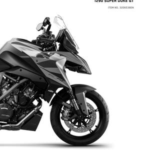 Könnte beinhalten: Ein Reparaturhandbuch 2023 für das Motorrad KTM 1290 Super Duke GT. Das Cover zeigt ein schwarz-weißes Profilbild des Motorrads mit dem Text REPAIR MANUAL 2023, READY TO RACE, 1290 SUPER DUKE GT und ITEM NO. 3206538EN.
