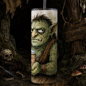 May include: A cylindrical tumbler with a clear lid and straw, featuring a detailed illustration of a green goblin with pointed ears and tusks, holding a coffee cup with the text "Goblin Juice" printed on the side of the cup.