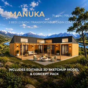 May include: A Manuka transportable cabin concept featuring 2 bedrooms and 2 bathrooms, totaling 71 sqm or 775 sq ft. The structure has wood siding, a dark roof, and a deck with a fire pit. Includes an editable 3D SketchUp model and concept pack.