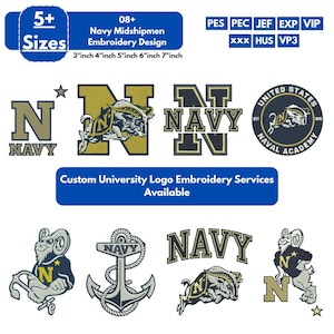 May include: A digital collection of Navy Midshipmen embroidery designs featuring the letter N, a ram mascot, an anchor, and the text United States Naval Academy. The file includes 5+ sizes ranging from 3 inches to 7 inches and supports PES, PEC, JEF, EXP, VIP, XXX, HUS, and VP3 formats.