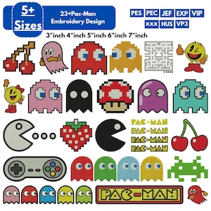 Op de afbeelding: Een digitale collectie van 23+ Pac-Man borduurontwerpen in formaten van 3, 4, 5, 6 en 7 inch. De afbeelding toont gepixelde personages, spoken, kersen, aardbeien, een gamecontroller en het Pac-Man-logo in diverse kleuren en verschillende formaten.