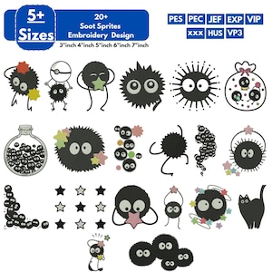 May include: A digital collection of 20+ Soot Sprites embroidery designs in 3, 4, 5, 6, and 7-inch sizes. The set includes various black, fuzzy, round creatures with large white eyes, some holding stars, inside jars, or in groups, compatible with PES, PEC, JEF, EXP, VIP, XXX, HUS, and VP3 formats.