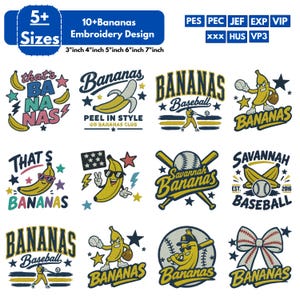 Puede incluir: Una colección digital de más de 10 diseños de bordado con temática de plátanos, con motivos de béisbol, estrellas y textos como 'That's Bananas' y 'Savannah Bananas'. Los diseños están disponibles en tamaños de 3, 4, 5, 6 y 7 pulgadas.