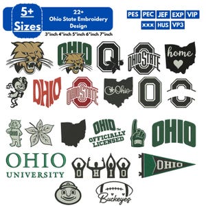 Pode incluir: Uma coleção de mais de 22 designs de bordado Ohio State em 5+ tamanhos variando de 3 a 7 polegadas. O conjunto inclui vários logotipos, mascotes, o formato do estado de Ohio, texto e gráficos esportivos nas cores verde, vermelho, preto e branco.