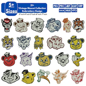 May include: A digital collection of 21+ vintage mascot embroidery designs featuring various animal characters wearing hats with university acronyms. The designs are available in 3-inch, 4-inch, 5-inch, 6-inch, and 7-inch sizes and multiple file formats.
