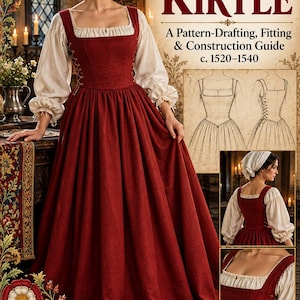 May include: A book cover titled Build the Tudor Kirtle: A Pattern-Drafting, Fitting & Construction Guide c. 1520-1540 by Nimwick. It features a red kirtle with a white chemise and head covering, including technical sketches and detail views.