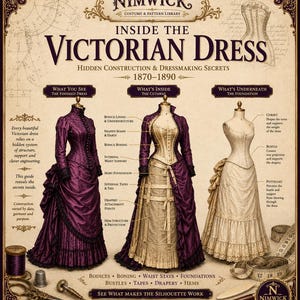 Op de afbeelding: Een educatieve poster getiteld Inside the Victorian Dress 1870-1890 van Nimwick. Het toont drie etalagepoppen met een afgewerkte paarse jurk, een dwarsdoorsnede van de interne constructie en een wit onderkledingstuk met korset en tournure.