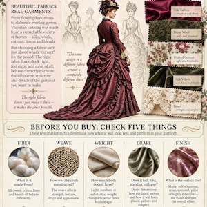 May include: An educational poster titled The Fabric Rule, a Late Victorian fabric guide. It features a central illustration of a person in a dark red gown, surrounded by fabric swatches including silk taffeta, wool, cotton, velvet, and linen.