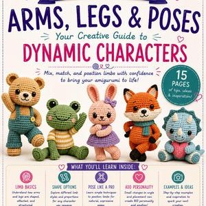 以下が含まれることがあります： Nimwick Amigurumi Shape Lab: Arms, Legs & Poses for Dynamic Charactersというタイトルのデジタルガイド。表紙には、クマ、カエル、ウサギ、キツネ、恐竜の5体の編みぐるみフィギュアと、15ページにわたるヒントやアイデアが記載されたテキストが掲載されています。