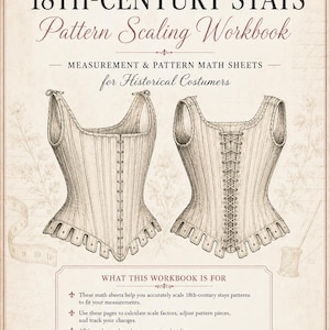 Może przedstawiać: Podręcznik zatytułowany 18th-Century Stays Pattern Scaling Workbook for Historical Costumers, strona 1 z 16. Zawiera dwie ilustracje liniowe gorsetów, jeden sznurowany z przodu, drugi z tyłu, oraz tekst dotyczący arkuszy obliczeniowych do skalowania.