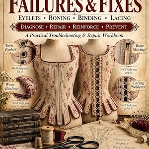 May include: A book cover titled 18th-Century Stays Failures & Fixes featuring two beige corsets with red floral patterns on mannequins. The cover includes diagrams of eyelets, boning, and lacing, alongside sewing tools like thread, scissors, and a thimble.