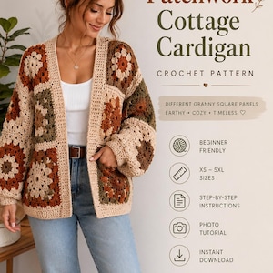 Patchwork Granny Square Cardigan Crochet Pattern PDF, Oversized Boho Cardigan, XS-5XL, Instant Digital Download