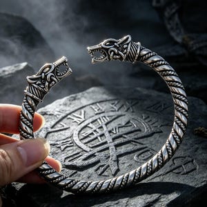 May include: A silver-toned metal torque bracelet featuring two detailed wolf head terminals at the open ends. The band has a twisted rope-like texture throughout its length, crafted with a polished finish that highlights the intricate carvings on the heads.