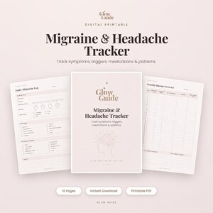 Op de afbeelding: Een digitale printbare Migraine & Hoofdpijn Tracker van Glow Guide met een voorpagina met een hersenicoon, een dagelijks migraine logboek en een maandelijks overzicht. De documenten zijn lichtroze met donkere tekst voor het bijhouden van symptomen.