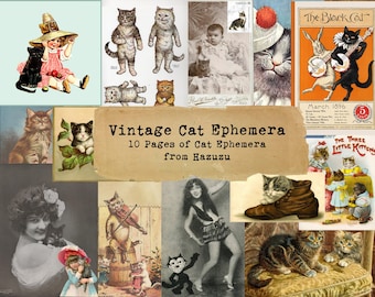 May include: A collection of vintage cat ephemera featuring various illustrations and photographs of cats. The central text reads Vintage Cat Ephemera 10 Pages of Cat Ephemera from Hazuzu. The images include cats playing instruments, sitting in shoes, and posing with people.