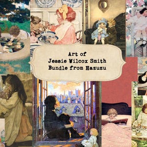Pode incluir: Uma colagem digital apresentando várias ilustrações de Jessie Wilcox Smith, incluindo crianças brincando, lendo e comendo. Uma etiqueta central bege exibe o texto: Art of Jessie Wilcox Smith Bundle from Hazuzu, sobre um fundo multicolorido.