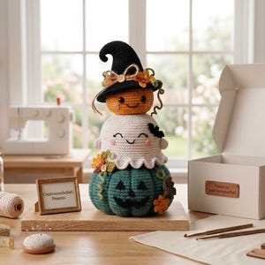 Peut inclure: Une décoration en crochet empilée composée d'une base citrouille sarcelle avec un visage de jack-o'-lantern, un fantôme blanc au milieu et une citrouille orange au sommet portant un chapeau de sorcière noir. Un panneau indique CreativecrochetforU Presents.