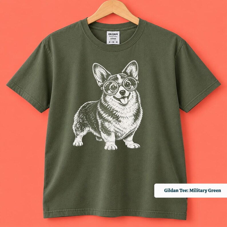 A corgi shirt and corgi merchandise design with an adorable glasses-wearing corgi illustrated in a fun retro style. This geeky corgi shirt captures the charm of a vintage corgi shirt while creating a playful nerdy dog shirt for corgi moms, dog lovers, and corgi fans.