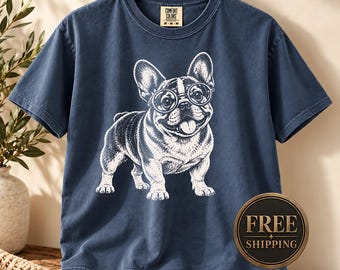 May include: A navy blue short-sleeve t-shirt featuring a white graphic illustration of a French Bulldog wearing round glasses. The shirt has a crew neckline and a Comfort Colors brand label on the inside collar, showing a size medium.
