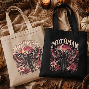 Mothman Merch, Personalized Floral Cryptid Tote Bag, Vintage Moon Art Gift