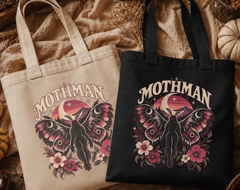 Mothman Merch, Personalized Floral Cryptid Tote Bag, Vintage Moon Art Gift