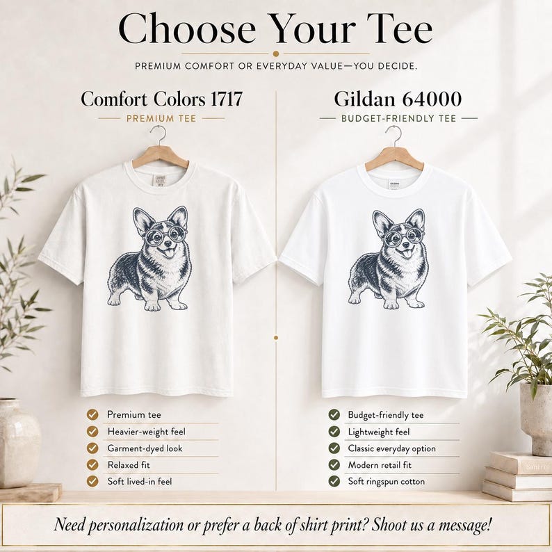 May include: Two white t-shirts featuring a black and white graphic of a Corgi wearing glasses. The left shirt is labeled Comfort Colors 1717, and the right shirt is labeled Gildan 64000. Text includes Choose Your Tee and product feature lists.