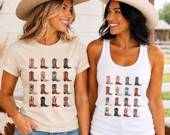 May include: A beige crew-neck t-shirt and a white tank top, each featuring a grid print of sixteen distinct cowboy boots in various colors and patterns. Both garments are paired with light-wash blue denim jeans and tan cowboy hats.