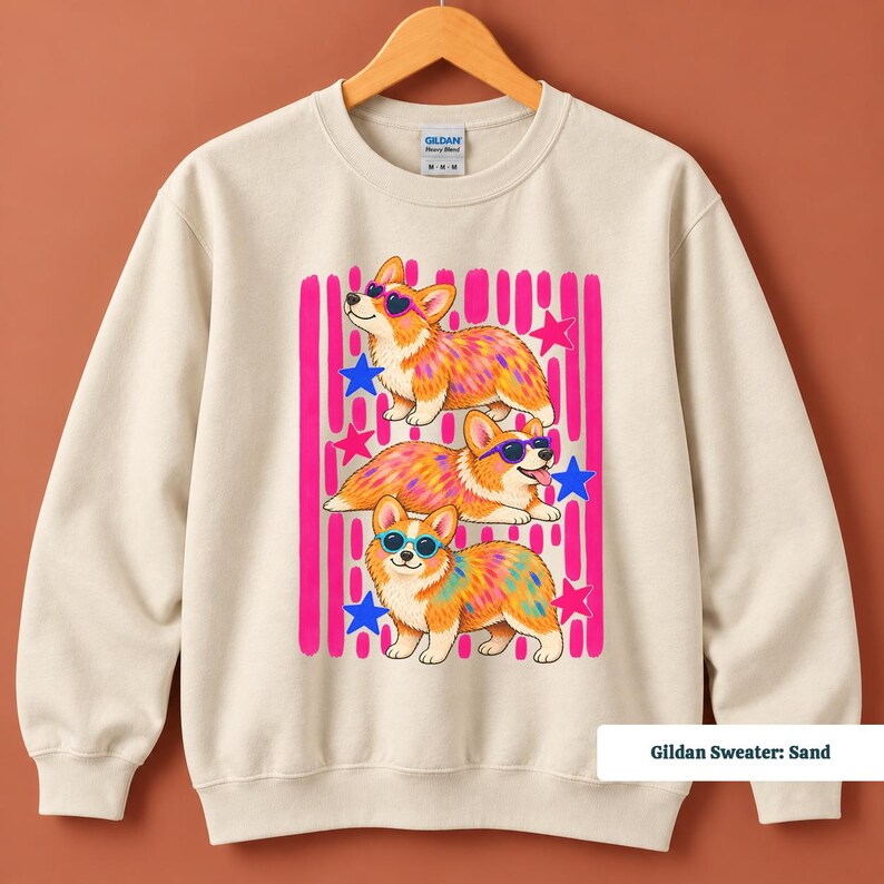 Corgi shirt with whimsical dog artwork and retro pink stripes, funny corgi shirt, corgi sweatshirt, corgi gifts, corgi merchandise, retro corgi shirt, pink corgi shirt, corgi mom shirt, corgi tshirt, custom corgi shirt, corgi shirt men, 90s corgi tee, corgi lover gift