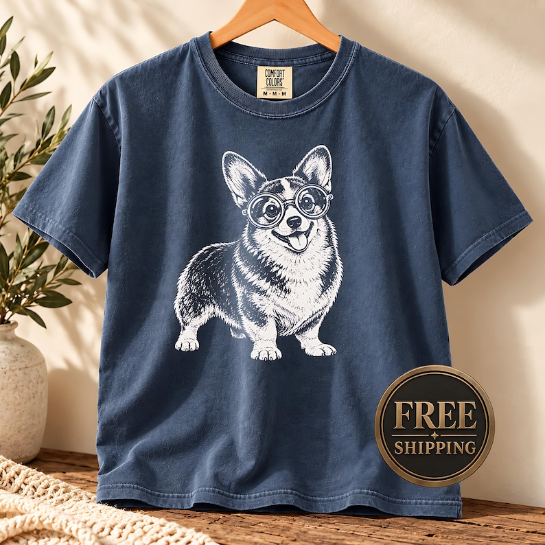 A corgi shirt and corgi merchandise mockup featuring a playful corgi with glasses, perfect for fans of vintage corgi shirts and geeky corgi style. This nerdy dog shirt has a fun retro feel that works as a corgi mom shirt, vintage dog tee, or unique corgi lover gift.