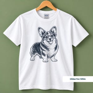 A corgi shirt and corgi merchandise mockup featuring a quirky corgi with glasses in a playful vintage aesthetic. Designed for fans of geeky corgi shirts and corgi nerd shirts, this retro corgi shirt has the fun personality of a nerdy dog shirt with classic vintage dog tee appeal.
