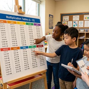 Może przedstawiać: Duży plakat edukacyjny zatytułowany Multiplication Tables (1-12) umieszczony na drewnianej sztaludze. Tabela zawiera kolumny dla liczb od jednego do dwunastu z odpowiednimi równaniami mnożenia wydrukowanymi czarnym tekstem na białym tle.