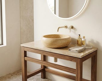 Round Travertine Marble Vessel Sink | 16 Inch Matte Finish Bathroom Vanity Basin