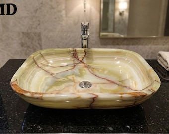 Groene onyx gootsteen ovale vorm | Handgemaakte natuurstenen wastafel | Luxe wastafelmeubel | Wastafel Onyx | Op maat gemaakte stenen gootsteen