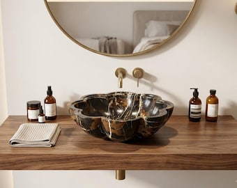 Marble Vessel Sink | Luxury Bathroom Vanity Sink | Handmade Natural Stone Basin | Custom Marble Wash Basin | Flower Vessel Sink | Black&Gold