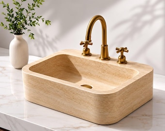 Travertine Marble Vessel Sink | Natural Stone Wash Basin | Handcrafted Bathroom Sink | Luxury Carving Vanity Sink | Custom Countertop Basin