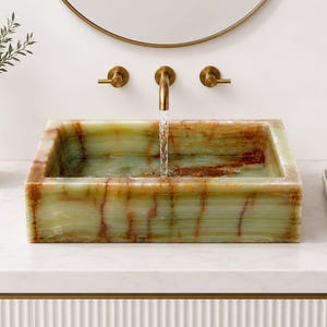 Green Onyx Marble Rectangular Vessel Sink | Handmade Natural Stone Bathroom Basin | Luxury Onyx Vanity Sink | Custom Countertop Wash Basin