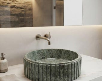 Lavabo de mármol verde estriado / Lavabo artesanal de mármol verde bosque / Lavabo de baño natural acanalado