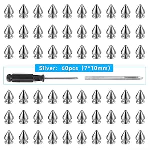 May include: A set of 60 silver-colored metal cone-shaped studs, each measuring 7 by 10 mm. The collection includes a black-handled screwdriver and a metal punch tool, all displayed together with the text Silver: 60pcs (7*10mm).