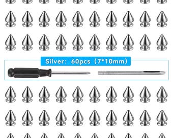 May include: A set of 60 silver-colored metal cone-shaped studs, each measuring 7 by 10 mm. The collection includes a black-handled screwdriver and a metal punch tool, all displayed together with the text Silver: 60pcs (7*10mm).