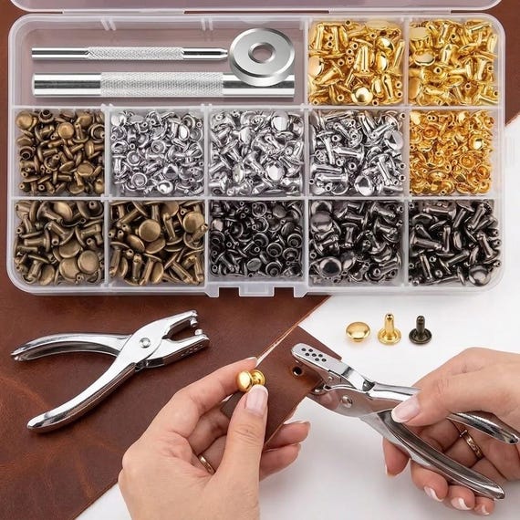 Leather Rivet Studs, Double Cap Metal Fasteners, DIY Leathercraft Repair Kit for Bag Belt Making (Punch Pliers Included)