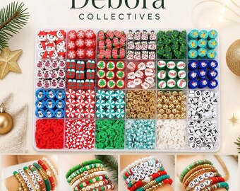 May include: A clear plastic organizer box filled with assorted Christmas-themed polymer clay beads, including Santa, snowman, tree, and candy cane designs, alongside gold spacers and letter beads, with four finished bracelets shown below.
