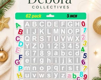 May include: A 62-pack of 5-inch letters and numbers on a white square board. The board features a grid of white uppercase and lowercase letters and digits. Colorful individual letters and numbers are arranged along the left and right sides.