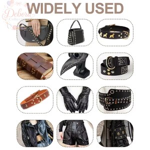 May include: A collage of twelve images displaying various items decorated with metal studs, including a black handbag, a brown leather journal, a plague doctor mask, a black belt, a tan collar, black gloves, a wide corset belt, and a leather jacket.