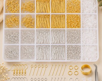 May include: A clear plastic organizer box filled with jewelry making supplies including gold and silver earring hooks, head pins, eye pins, jump rings, and clear silicone earring backs. A gold ring tool and silver tweezers are included.
