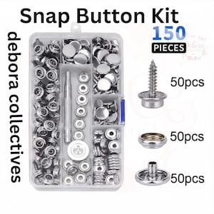 May include: A clear plastic organizer box containing a 150-piece snap button kit with silver-toned metal fasteners, screws, and a metal setting tool. The kit includes three distinct types of components, each labeled as 50 pieces, for assembly.