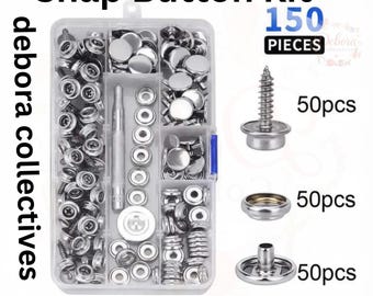 May include: A clear plastic organizer box containing a 150-piece snap button kit with silver-toned metal fasteners, screws, and a metal setting tool. The kit includes three distinct types of components, each labeled as 50 pieces, for assembly.