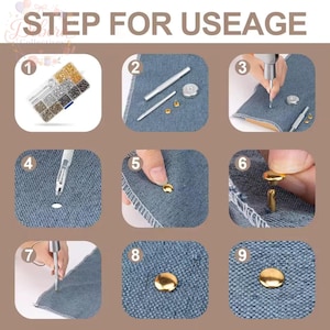 May include: A nine-step instructional graphic titled STEP FOR USEAGE showing the application of metal rivets to blue denim fabric. The process includes a storage box of assorted rivets, a metal punch tool, a setting tool, and a hammer to secure the fasteners.